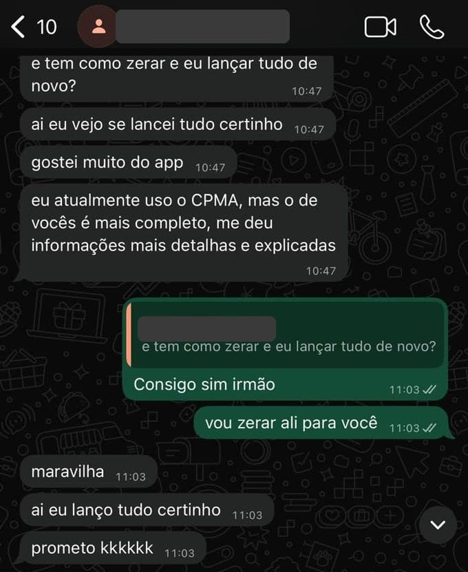 Print de WhatsApp: cliente diz que gostou muito do app e que ele é mais completo que o concorrente que usava