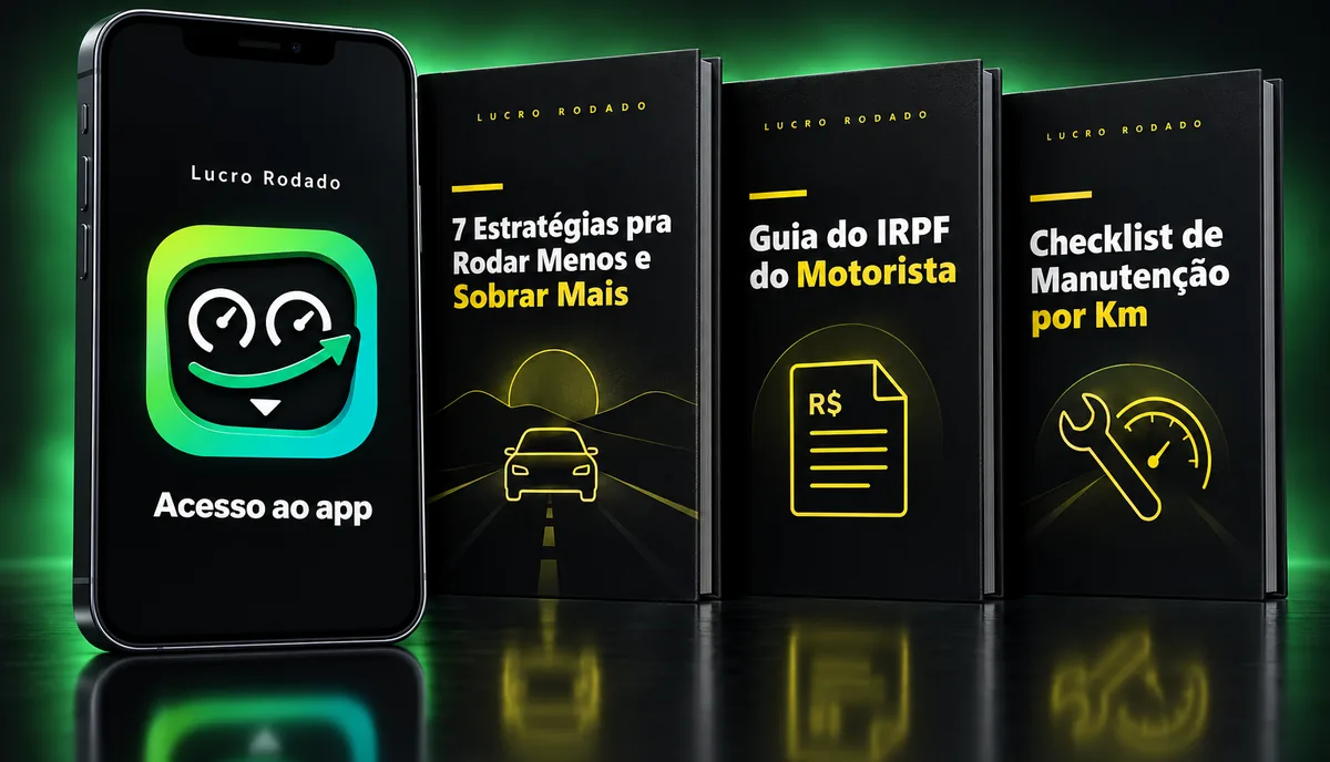 Celular com o app Lucro Rodado e os três guias em PDF: 7 Estratégias pra Rodar Menos e Sobrar Mais, Guia do IRPF do Motorista e Checklist de Manutenção por Km